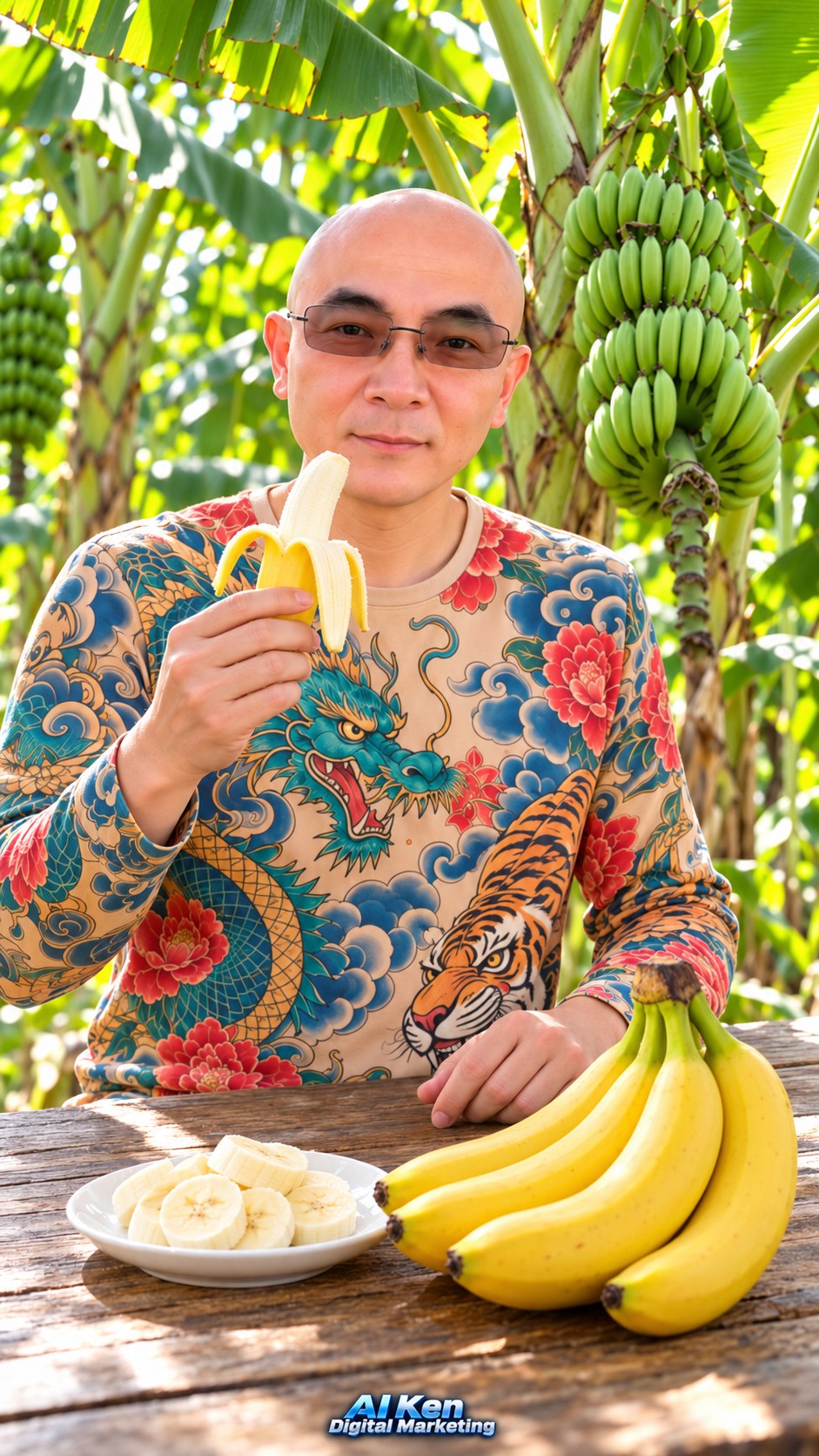 AI Ken holding a peeled ripe banana beside yellow bananas and banana slices