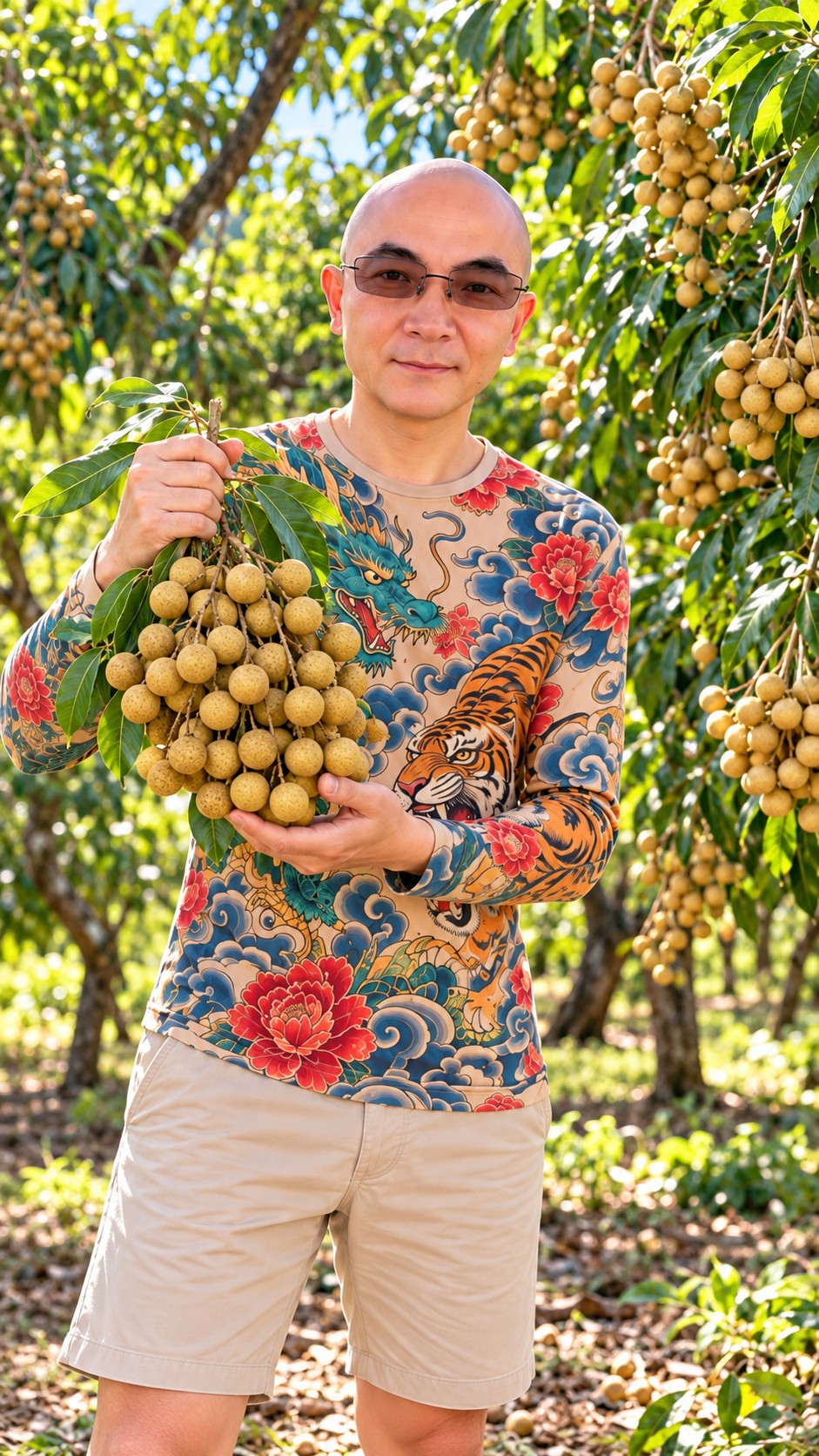 AI-created scene of AI Ken holding a cluster of longans in a Taiwanese summer orchard