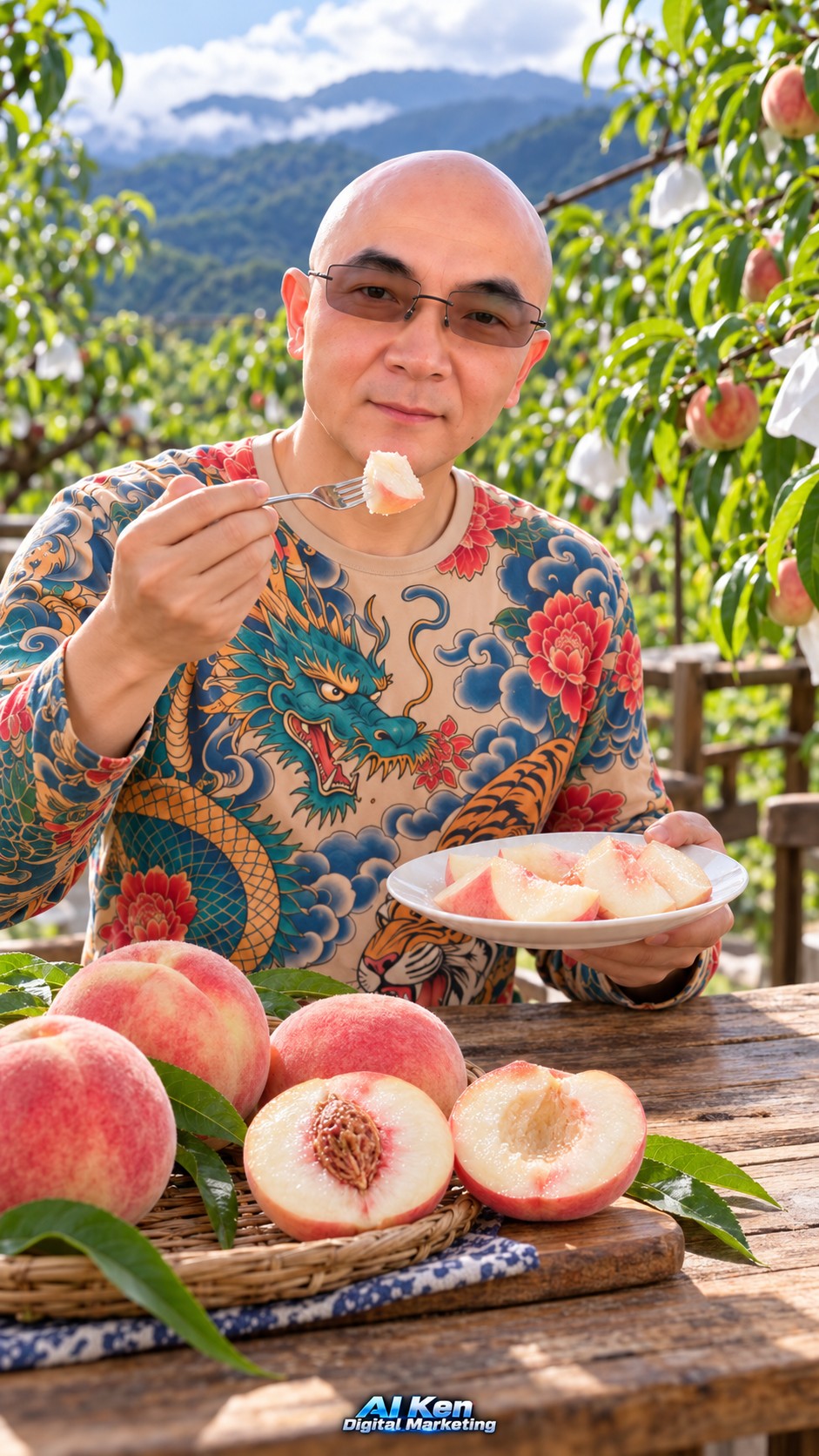 AI Ken holding a small peach piece on a fork beside a plate of fresh peach slices and peach halves
