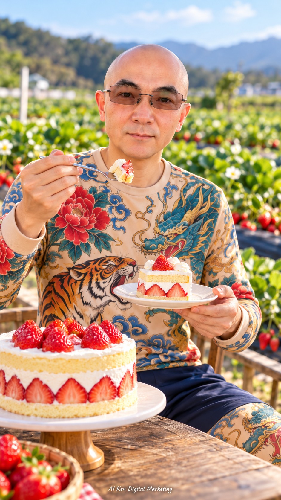 AI Ken presenting a slice of strawberry sponge cake with cream and fresh berries while holding a small forkful