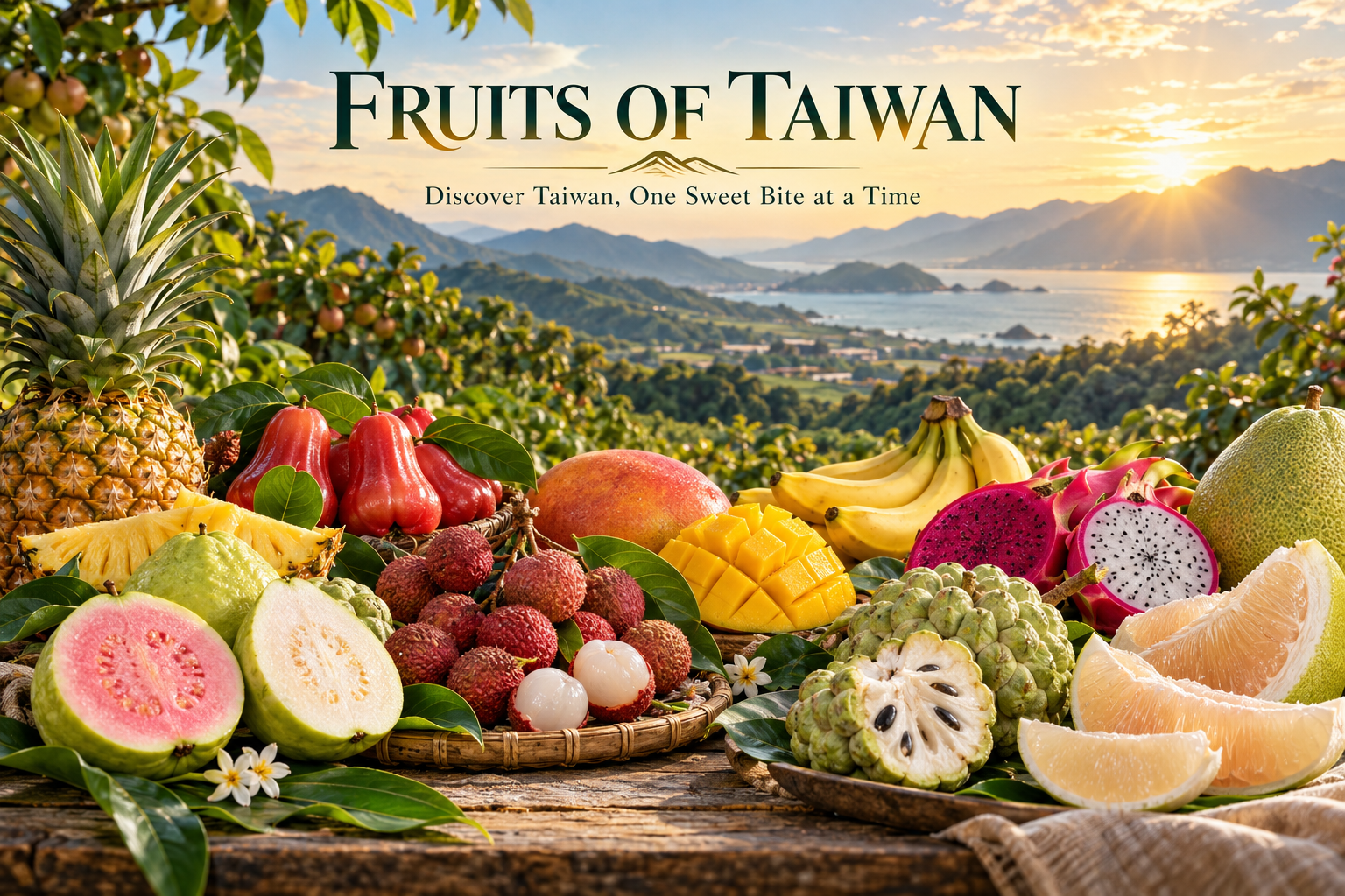Fruits of Taiwan: an illustrated orchard and mountain landscape with guavas, pineapple, mango, wax apples, lychees, bananas, dragon fruit, sugar apple and pomelo