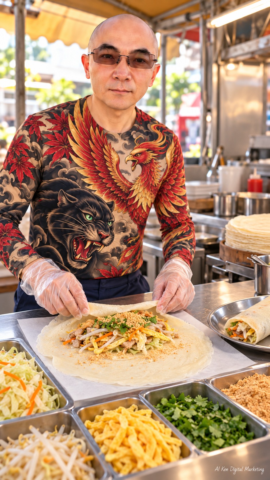 AI-generated preparation scene showing a thin run bing wrapper with cooked vegetables, savory fillings and peanut powder