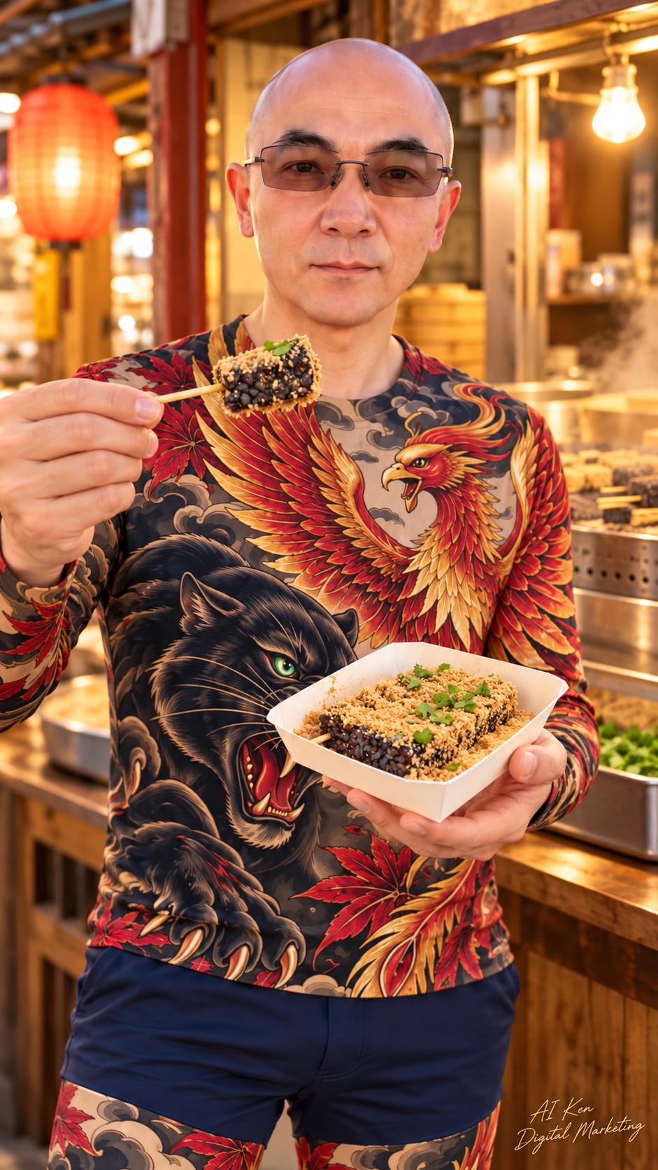 AI-generated host presenting a small peanut-coated rice-cake bite with a tray of cooked pig's blood rice cake