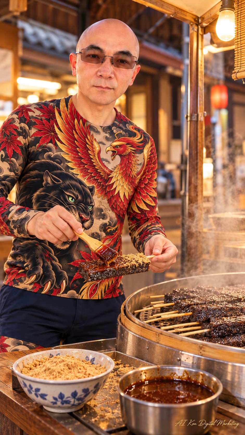 AI-generated host brushing sauce onto a cooked rectangular rice cake beside a steamer and a bowl of peanut powder