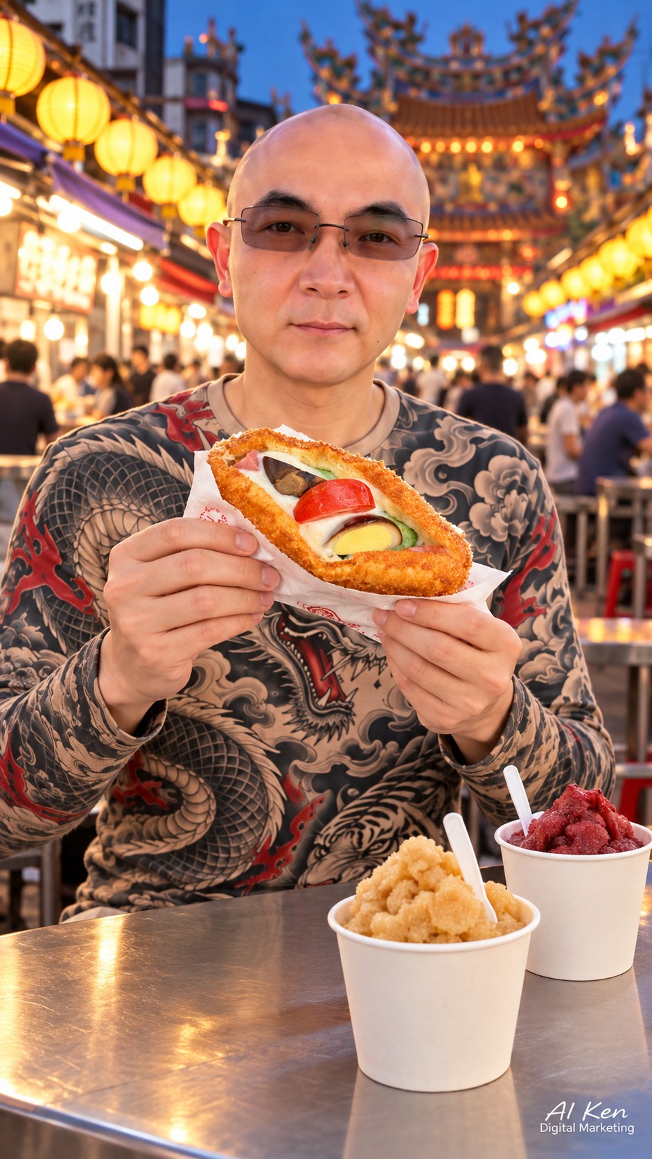Keelung Miaokou street food selection featuring fish cakes, rice sheet soup, a sandwich and frozen desserts