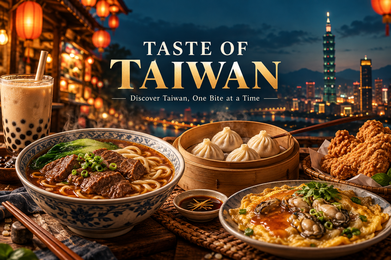 Taste of Taiwan: an illustrated night market feast with beef noodle soup, soup dumplings, bubble tea, fried chicken and oyster omelet
